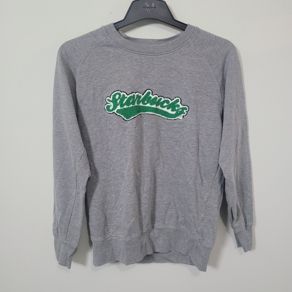 Starbucks Medium Sweatshirt Heather Gray Chenille Patch Raglan Pullover Mens